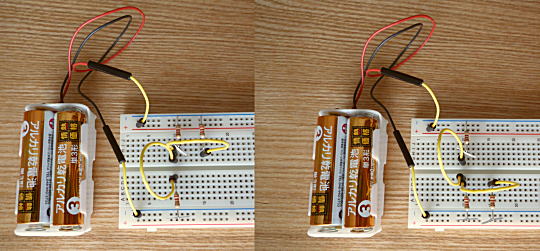 抵抗分圧回路のブレッドボード上の構成図(2)